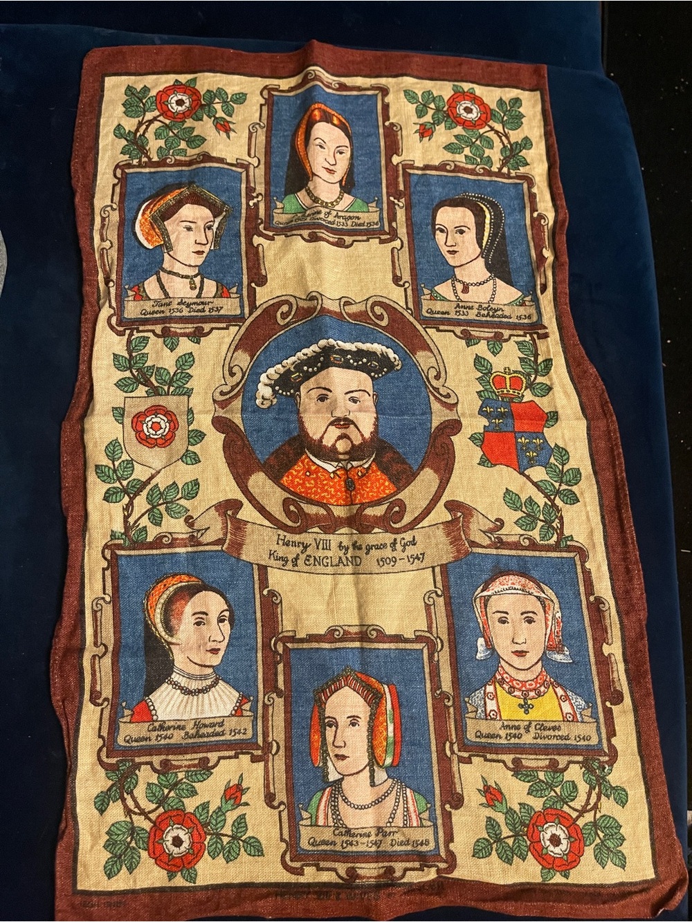 Vintage Henry VIII Six Wives Tudor Royalty Tea Towel Linen